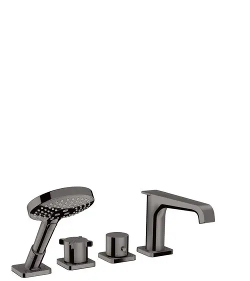 AXOR Wannenrandarmatur in Polished Black Chrome, bestehend aus zwei Bediengriffen, einem Wasserhahn und einer Handbrause, auf quadratischen Basisplatten montiert.